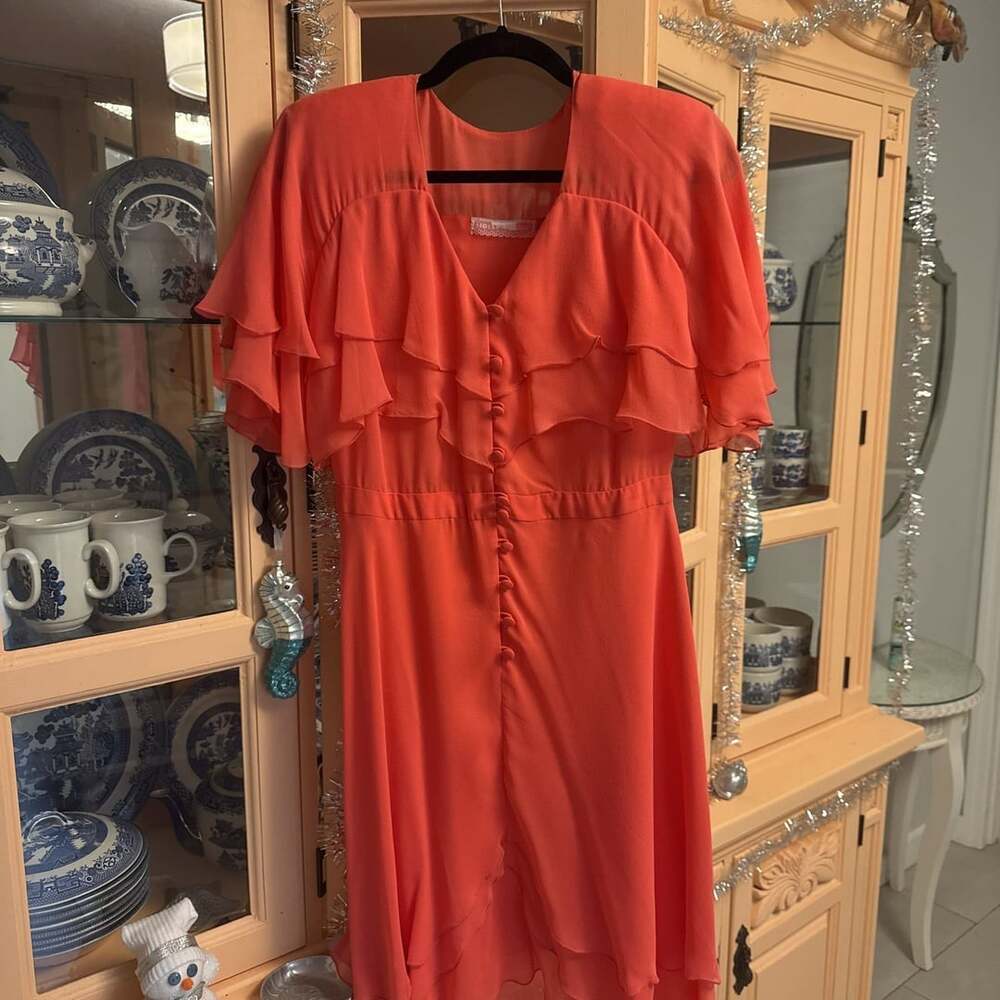 Holly Harp Vintage 1970s/1980s Coral Tiered Silk Chiffon Dress